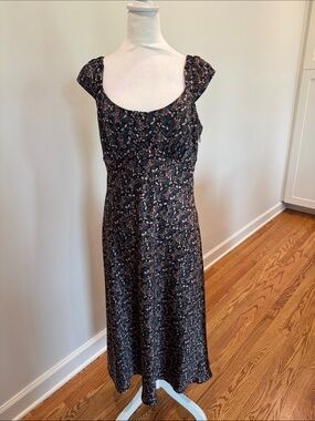 Floral Scoop Neck Midi Dress in Navy and Brown
